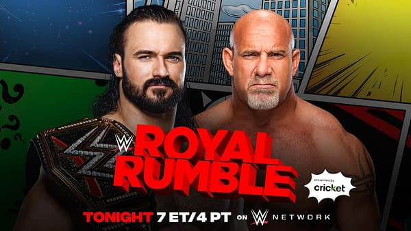 Match graphic for Drew McIntyre vs. Goldberg at the WWE Royal Rumble