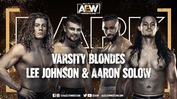Varsity Blondes vs. Lee Johnson and Aaron Solow match graphic for next week's AEW Dark, airing Tuesday at 7PM Eastern on YouTube