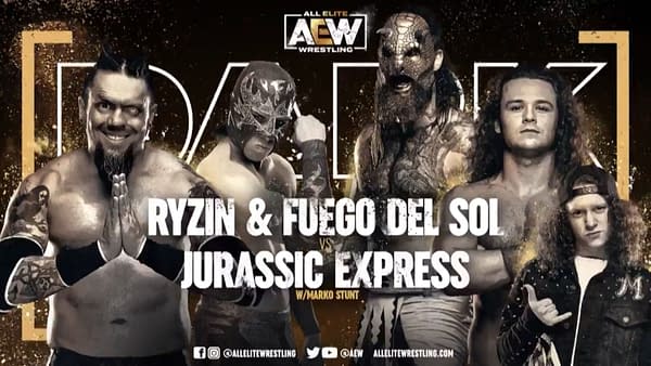Ryzin & Fuego Del Sol vs. Jurassic Express match graphic for next week's AEW Dark, airing Tuesday at 7PM Eastern on YouTube