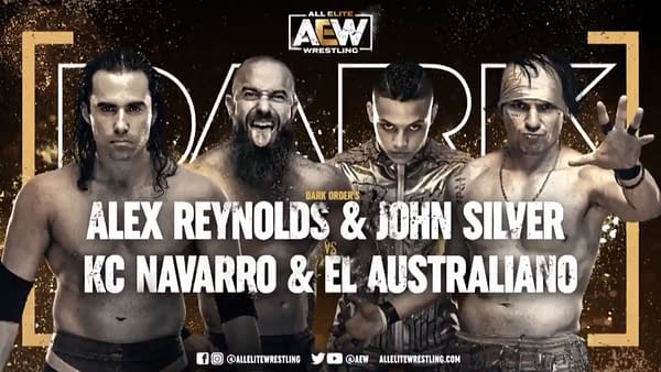 Alex Reynolds and John Silver vs. KC Navarro and El Australiano match graphic for next week's Dark, airing Tuesday at 7PM Eastern on YouTube