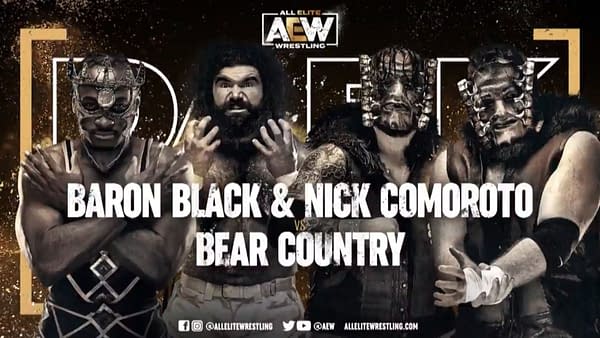 Baron Black and Nick Comoroto vs. Bear Country match graphic for next week's Dark, airing Tuesday at 7PM Eastern on YouTube