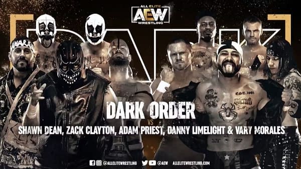 Dark Order vs. Shawn Dean, Zack Clayton, Adam Priest, Danny Limelight, and Vary Morales match graphic for next week's AEW Dark, airing Tuesday at 7PM Eastern on YouTube