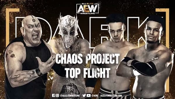 Chaos Project vs. Top Flight match graphic for next week's Dark, airing Tuesday at 7PM Eastern on YouTube