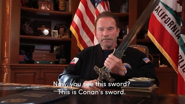 Arnold Schwarzenegger picks up the sword of Conan the Barbarian to defend America