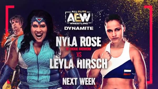 Match graphic for Nyla Rose vs. Leyla Hirsch, originally set for the January 20th episode of AEW Dynamite, but now postponed or canceled due to a need for Rose to self-quarantine.