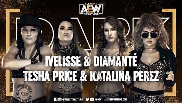 Match graphic for Ivelisse and Diamante vs. Tesha Price and Katalina Perez, happening next week on Dark