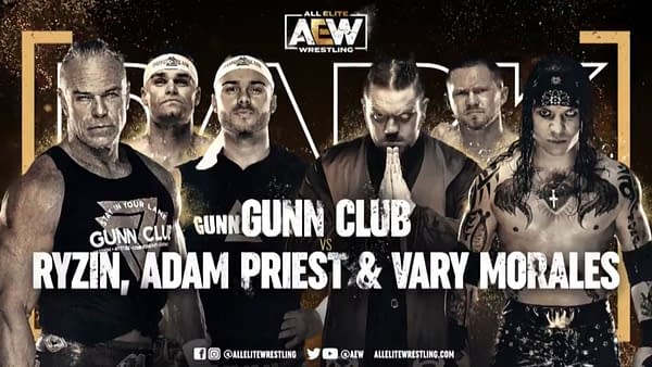 Match graphic for Gunn Club vs. Ryzin, Adam Priest, and Vary Morales, happening next week on AEW Dark