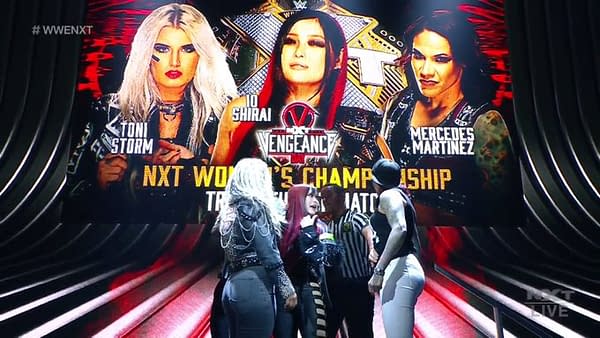 Io Shirai will defend the NXT Women's Championship against Toni Storm and Mercedes Martinez in a triple thread match at NXT Takeover Vengeance Day.