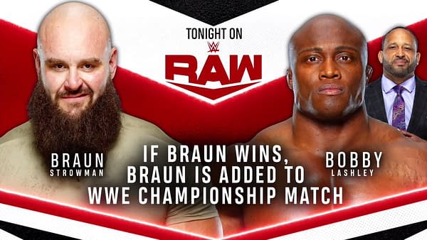 Match graphic for Braun Strowman vs. Bobby Lashley on WWE Raw.