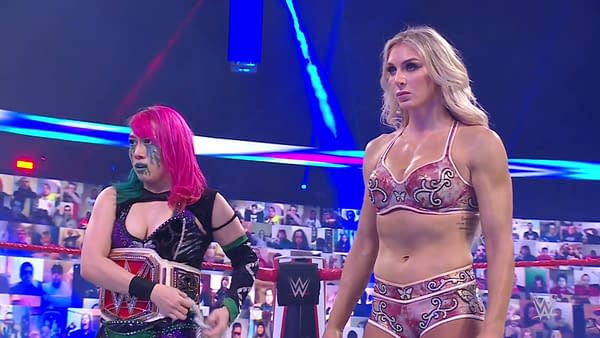 Charlotte Flair and Asuka react to news on WWE Raw that Lacey Evans is pregnant with Ric Flair's baby.
