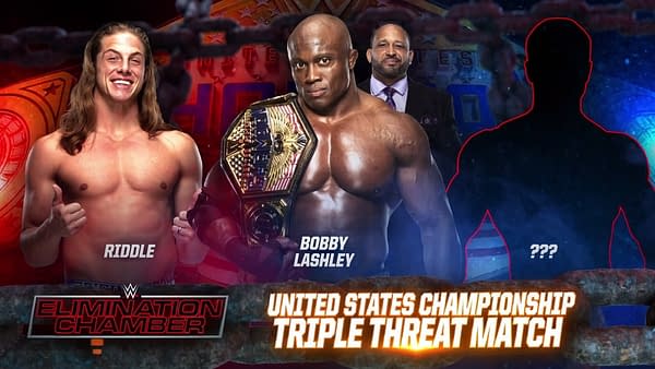 Elimination Chamber match graphic for Bobby Lashley vs. Riddle vs. a mystery person who turned out to be John Morrison for the United States Championship.