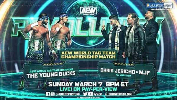 The Young Bucks will defend the AEW Tag Team Championships against Chris Jericho and MJF at Revolution.