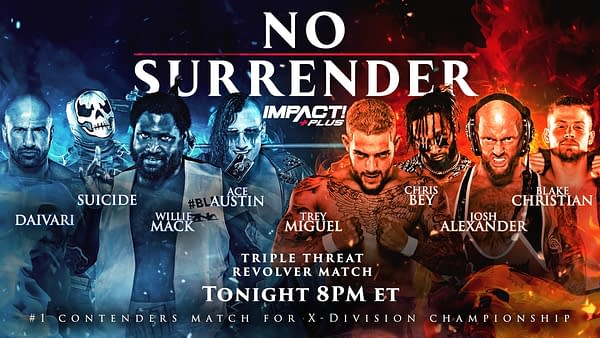 Impact No Surrender Match Graphic for the Triple Threat Revolver match featuring Daivari, Suicide, Willie Mack, Ace Austin, Trey Miguel, Chris Bey, Josh Alexander, and Blake Christian