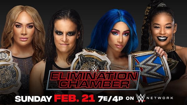 Elimination Chamber match graphic for Nia Jax and Shayna Baszler vs Sasha Banks and Bianca Belair.