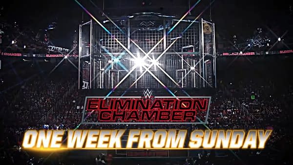 A screencap from WWE's new commercial for the Elimination Chamber PPV