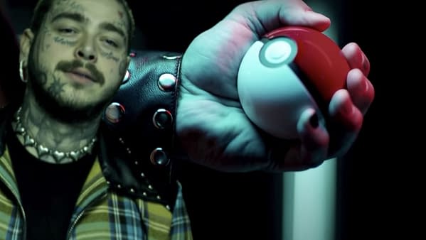 Post Malone grips a Pokéball with intensity. Credit: TPCI