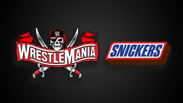 The logos for Snickers and WrestleMania together on a black background, showing off WWE's incredible graphic design department.