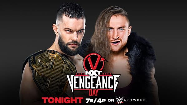 Match graphic for Finn Balor vs. Pete Dunne for the NXT Championship at Vengeance Day