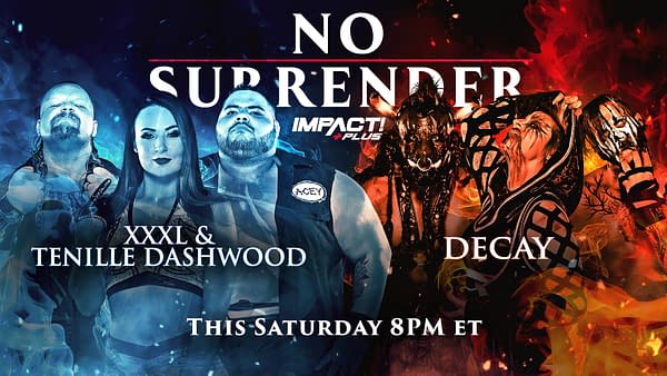 Match graphic for XXXL and Tenille Dashwood vs. Decay at Impact Wrestling No Surrender