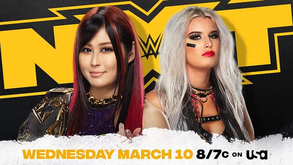 Match graphic for Io Shirai vs. Toni Storm on WWE NXT this week.