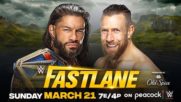 Match graphic for Roman Reigns vs. Daniel Bryan for the Universal Championship at WWE Fastlane