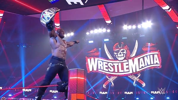 Bobby Lashley holds up his newly-won WWE Championship on an episode of WWE Raw.