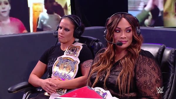 Nia Jax and Shayna Baszler sit in on commentary on WWE Raw.