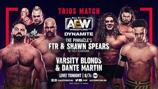 Match graphic for FTR And Shawn Spears vs. Varsity Blonds and Dante Martin for AEW Dynamite's Wednesday, March 24th Edition.