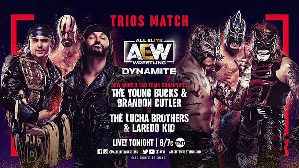 Match graphic for The Young Bucks and Brandon Cutler vs. The Lucha Brothers and Laredo Kid for AEW Dynamite's Wednesday, March 24th Edition.