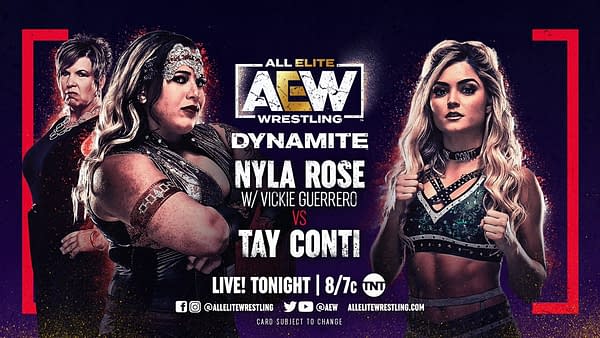 Match graphic for Nyla Rose (w/ Vickie Guerrero) vs. Tay Conti for AEW Dynamite's Wednesday, March 24th Edition.