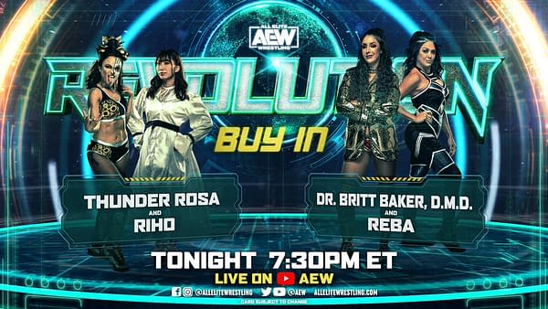 Match Graphic for Thunder Rosa and Riho vs. Dr. Britt Baker and Rebel at the Buy-In pre-show for AEW Revolution.