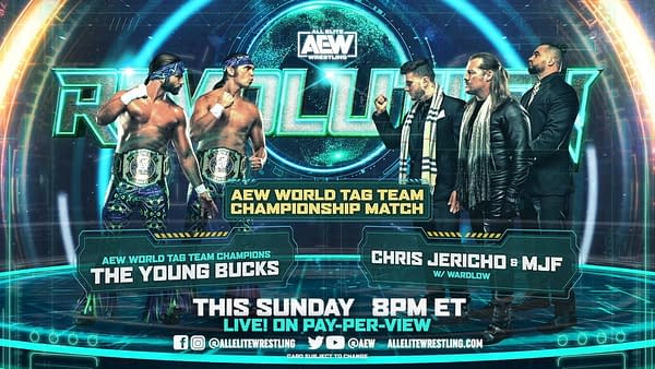 Match graphic for Chris Jericho and MJF vs. The Young Bucks for the AEW Tag Team Championship at AEW Revolution