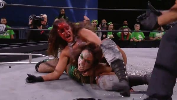 A scene from the bloody lights out match between Dr. Britt Baker and Thunder Rosa on AEW Dynamite St. Patrick's Day Slam