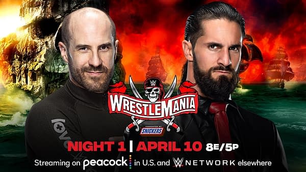 Match graphic for Cesaro vs. Seth Rollins at WWE WrestleMania.