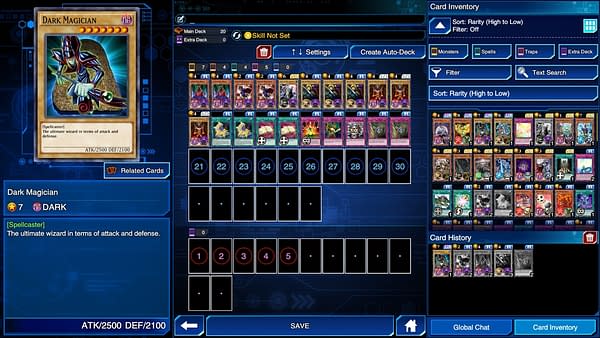 A screencap from Yu-Gi-Oh Duel Links, in which a player builds a deck.