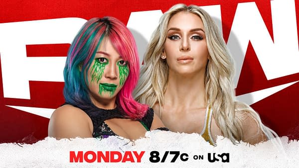 Match graphic for Asuka vs. Charlotte Flair on WWE Raw next week.