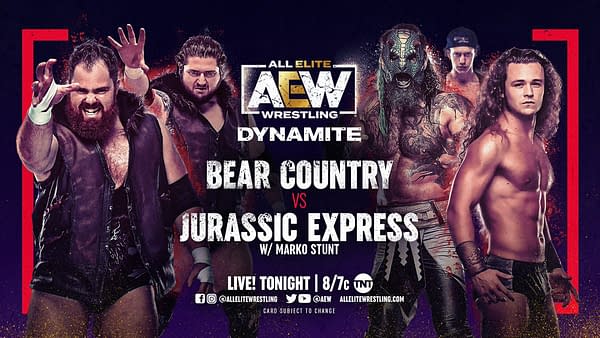Tonight on AEW Dynamite, Bear Country faces Jurassic Express in a Godzilla vs. Kong cross-branded marketing synergy showdown.