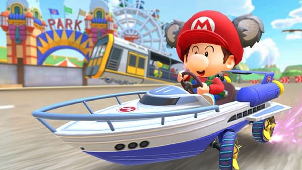 We're racing in boats on lands now. That's the next move in kart evolution. Courtesy of Nintendo.