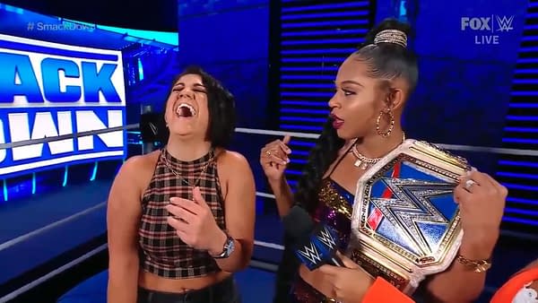 Bayley finds something to laugh about -- Bianca Belair -- on WWE Smackdown
