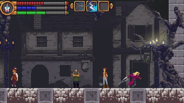 A screenshot of the gameplay from The Skylia Prophecy, 7 Raven Games' indie RPG sidescroller.