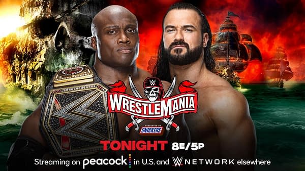 Bobby Lashley will defend the WWE Championship against Drew McIntyre at WrestleMania Night 1 tonight. [Match graphic: WWE.]