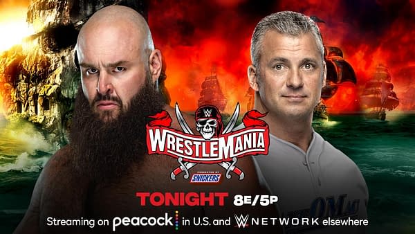 Shane McMahon will get these hands after spending weeks calling Braun Strowman stupid at WrestleMania Night 1 tonight. [Match graphic: WWE]