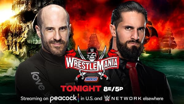 Cesaro will face Seth Rollins in Cesaro's first-ever one-on-one match at WrestleMania tonight at WrestleMania Night 1. [Match graphic: WWE]