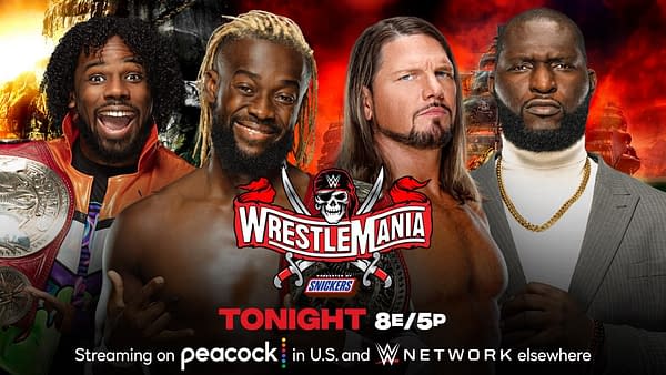 AJ Styles and Omos will team up in an attempt to win the Raw Tag Team Championships from The New Day at WrestleMania Night 1. [Match graphic: WWE.]