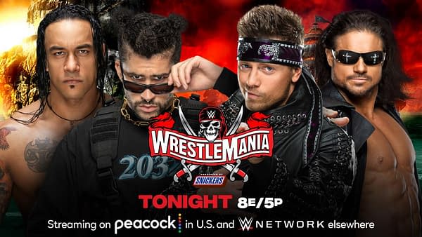 Bad Bunny will team with Damian Priest to face The Miz and John Morrison at WrestleMania Night 1 tonight. [Match graphic: WWE.]
