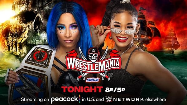 Tonight at WrestleMania Night 1, in what looks to be the main event, Sasha Banks will defend the Smackdown Women's Championship against Bianca Belair. [Match graphic: WWE.]