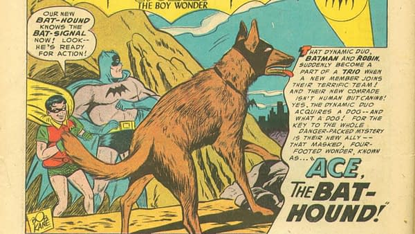 Ace the Bathound in Batman #92, title splash artwork by Sheldon Moldoff, DC Comics 1955.