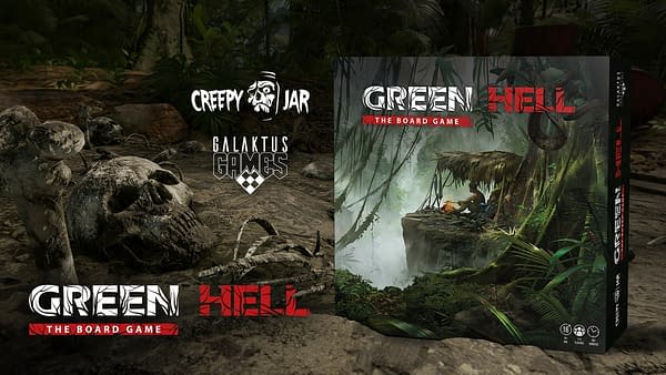 Promotional key art for Green Hell: The Board Game, by Galaktus Games and Creepy Jar, featuring the box art for the game.