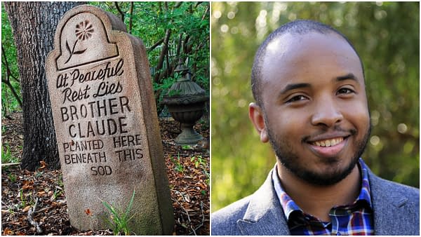 L-R: A whimsical tombstone stands in a creepy cemetery in Orlando, Florida. Editorial credit: James Kirkikis / Shutterstock.com | Justin Simien at the 10 Directors to Watch brunch at The Parker Hotel on January 5, 2014, in Palm Springs, California. Editorial credit: Joe Seer / Shutterstock.com