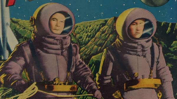 Strange Adventures #1 (DC Comics, 1950). An illustration featuring two astronauts wearing vintage space suits, standing on a rugged alien landscape with mountains in the background and a distant planet in the sky. Both characters have distinct helmet designs and look ready for an adventure.